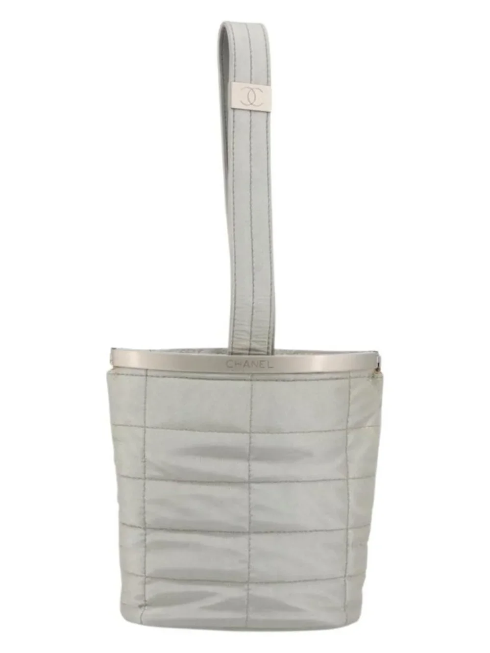 CHANEL Choco Bar Hand Pouch Nylon Silver CC Auth bs35353